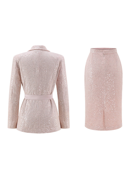 Ensemble de costume de bal midi rose à sequins avec revers crantés, 2 pièces