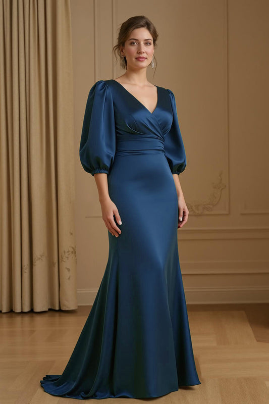 Mermaid Satin V-Neck Navy Wedding Guest Dress with 3/4 Sleeves