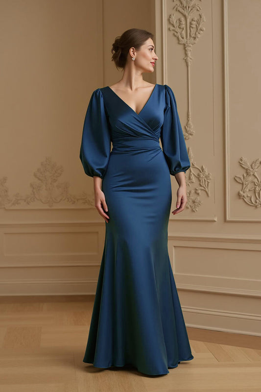 Mermaid Satin V-Neck Navy Wedding Guest Dress with 3/4 Sleeves