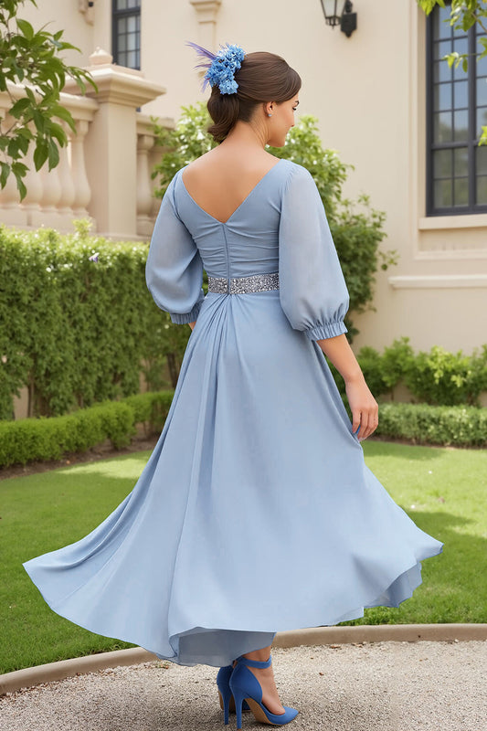 Dusty Blue A-Line 3/4 Sleeve Chiffon Wedding Guest Dress with Beading