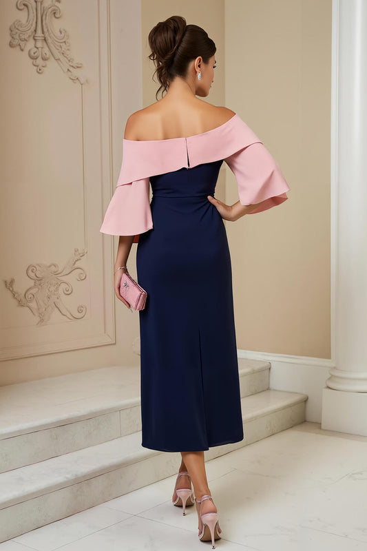 Off-the-Shoulder Navy Sheath Appliqued Midi Wedding Guest Dress with Slit