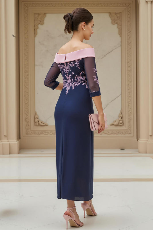 Off-the-Shoulder Chiffon Sheath Navy Wedding Guest Dress
