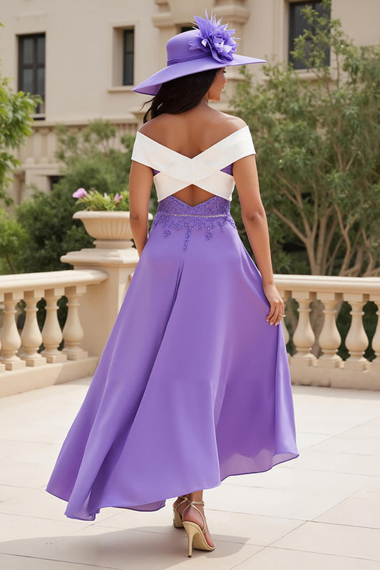 Robe de soirée asymétrique épaules dénudées ligne A en mousseline violette