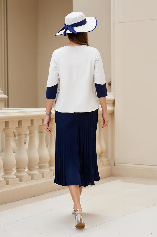Robe de cocktail évasée en satin stretch 2 pièces bleu marine