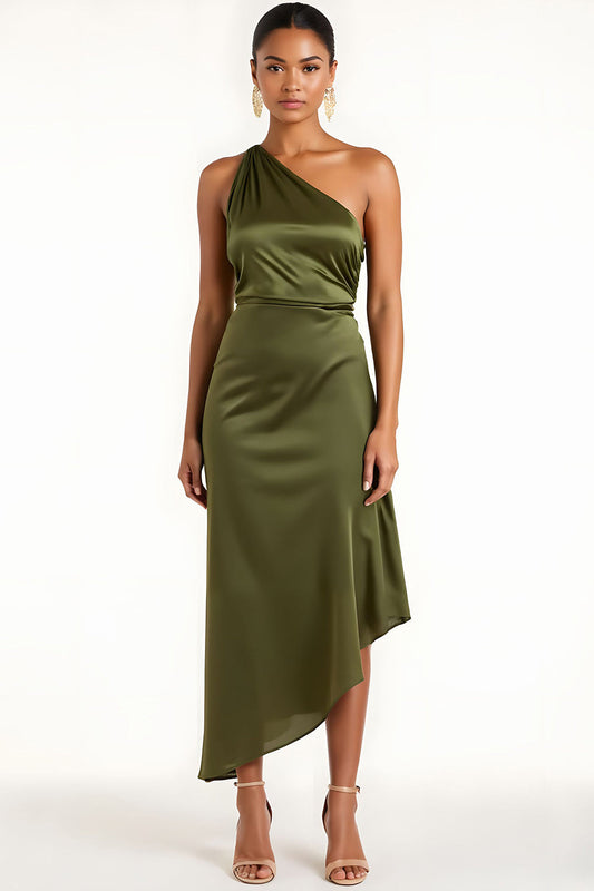 Robe de Demoiselle d'Honneur en Satin Longueur Midi Asymétrique Vert Olive