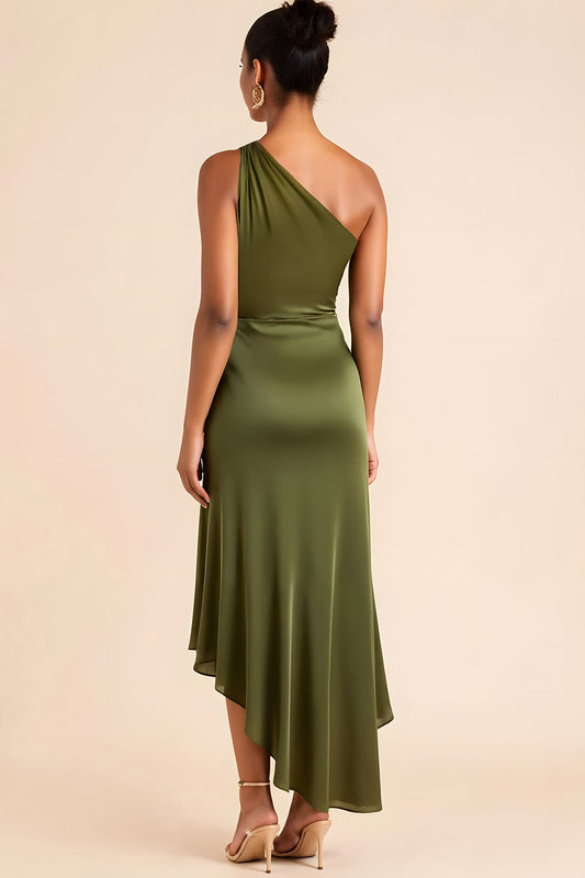 Robe de Demoiselle d'Honneur en Satin Longueur Midi Asymétrique Vert Olive