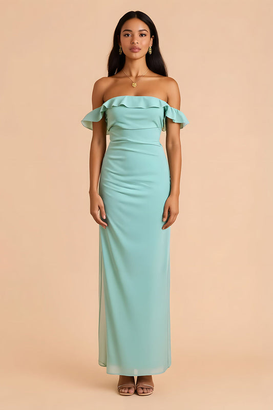 Robe longue de demoiselle d'honneur vert menthe fourreau à épaules dénudées