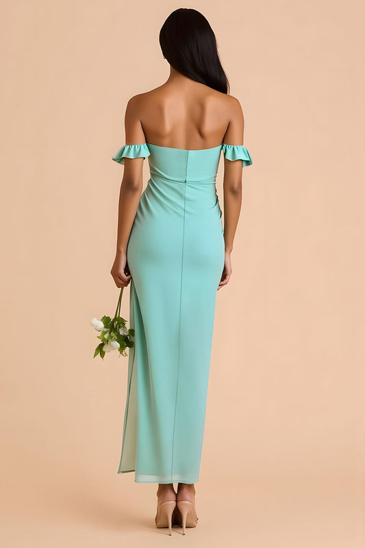 Robe longue de demoiselle d'honneur vert menthe fourreau à épaules dénudées