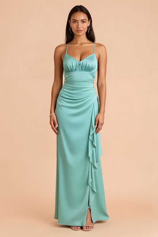 Robe longue fourreau de demoiselle d'honneur en satin vert menthe à fines bretelles