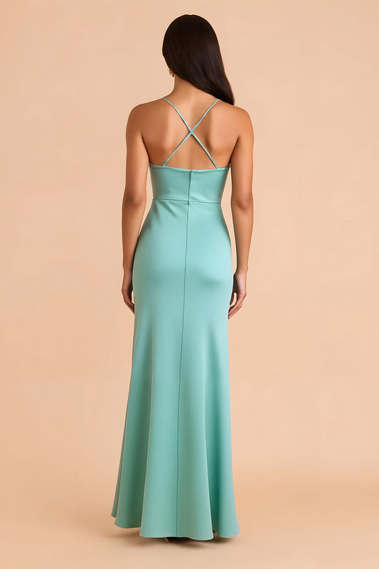 Robe longue fourreau de demoiselle d'honneur en satin vert menthe à fines bretelles
