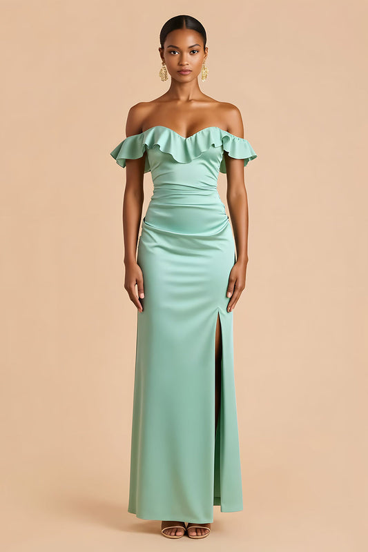 Robe longue de demoiselle d'honneur vert menthe en satin fourreau épaules dénudées
