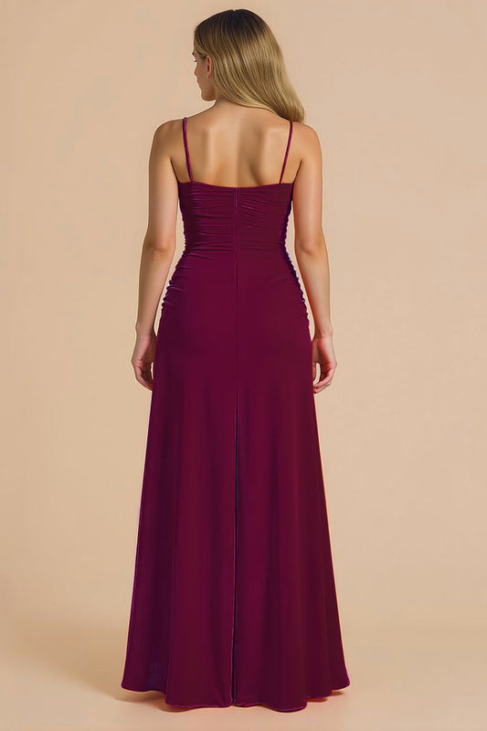 Burgundy Spaghetti Straps Ruched Sheath Long Bridesmaid Dress