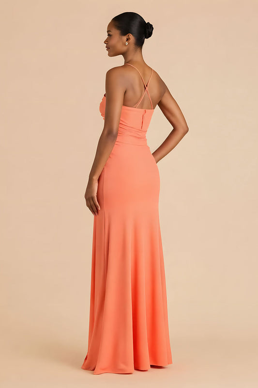 Robe de demoiselle d'honneur longue fourreau drapé orange bustier avec fente