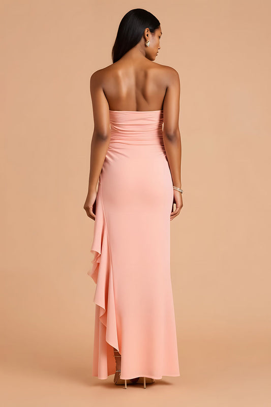 Robe longue fourreau bustier rose poudré avec fente et volants pour demoiselle d'honneur