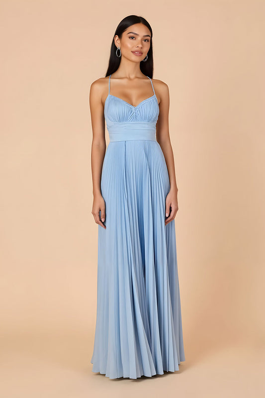 Light Blue Pleated A-Line Spaghetti Straps Maxi Bridesmaid Dress