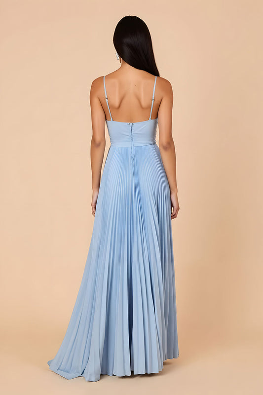 Light Blue Pleated A-Line Spaghetti Straps Maxi Bridesmaid Dress