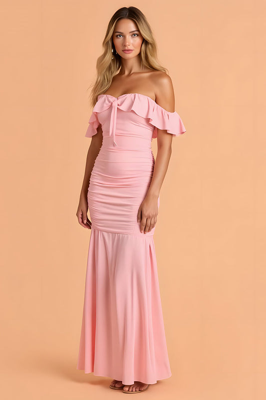 Robe longue de demoiselle d'honneur à épaules dénudées, froncée et à volants, couleur sirène rougissante
