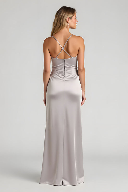 Silver Sheath Ruched Spaghetti Straps Long Bridesmaid Dress with Slit