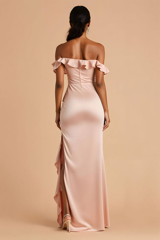 Robe de demoiselle d'honneur longue rose bonbon fourreau à volants épaules dénudées avec fente