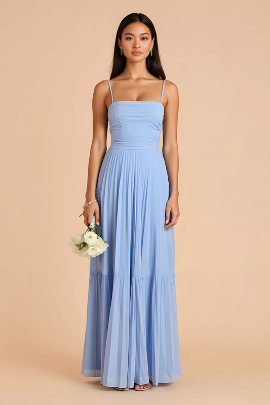 Robe de demoiselle d'honneur longue bleu clair plissée ligne A à fines bretelles