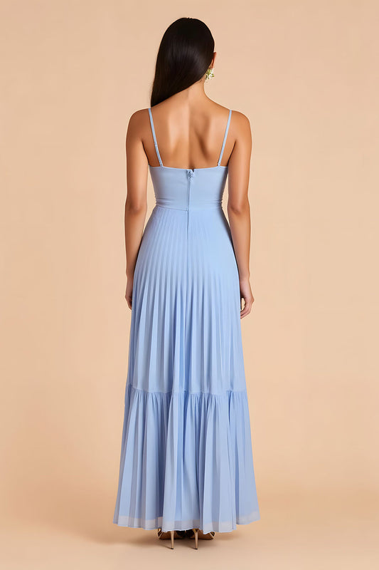 Robe de demoiselle d'honneur longue bleu clair plissée ligne A à fines bretelles