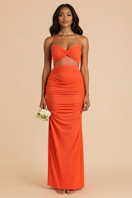 Robe longue de demoiselle d'honneur orange à bretelles spaghetti, froncée, avec découpes
