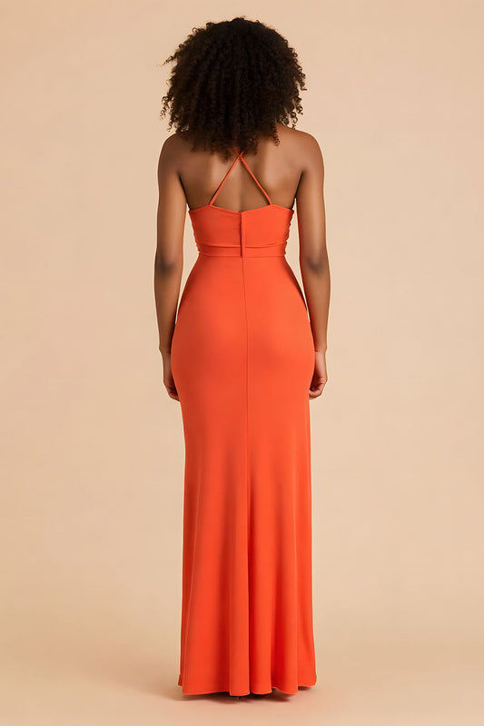 Robe longue de demoiselle d'honneur orange à bretelles spaghetti, froncée, avec découpes