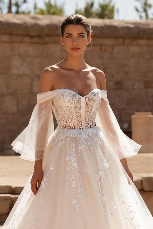 Ivory Tulle Ball Gown Sweep Train Wedding Dress With Lace