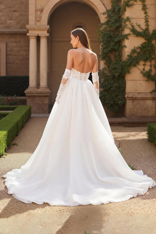 A Line Ivory Strapless Corset Sweetheart Tulle Court Train Wedding Dress With Lace