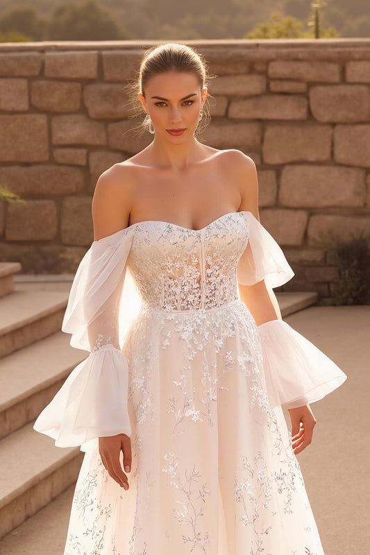 Ivory A Line Off The Shoulder Flare Sleeve Chapel Train Wedding Dress With Lace Appliques