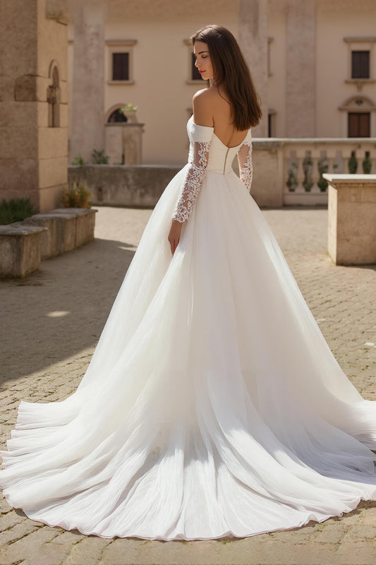 Ivory A Line Off The Shoulder Tulle Court Train Wedding Dress With Lace