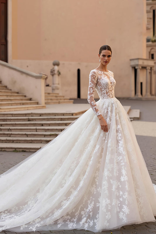 Lace Bateau Neck A Line Ivory Wedding Dress With Long Sleeves