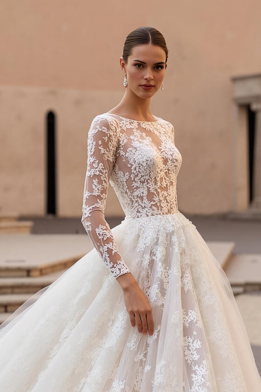 Lace Bateau Neck A Line Ivory Wedding Dress With Long Sleeves
