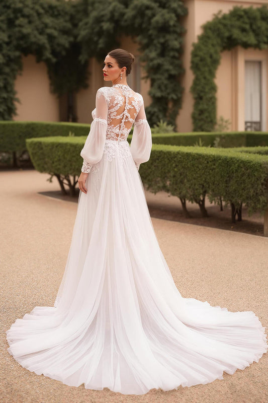 High Neck A Line Tulle Ivory Lace Wedding Dress With Puff Sleeves