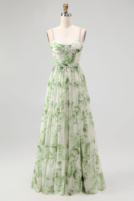 Robe de demoiselle d'honneur longue ligne A verte avec perles et dos lacé