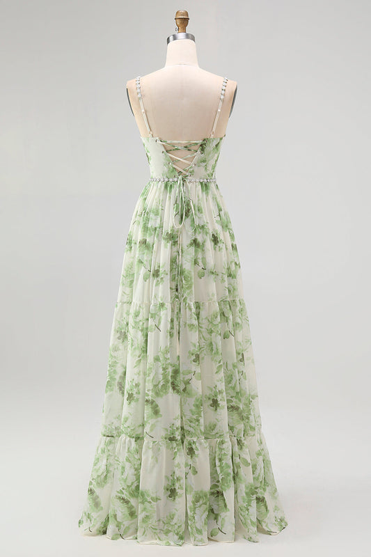 Robe de demoiselle d'honneur longue ligne A verte avec perles et dos lacé