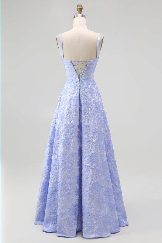 Vestido largo de dama de honor de jacquard floral con cuello desbocado, corte en A y abertura en color azul