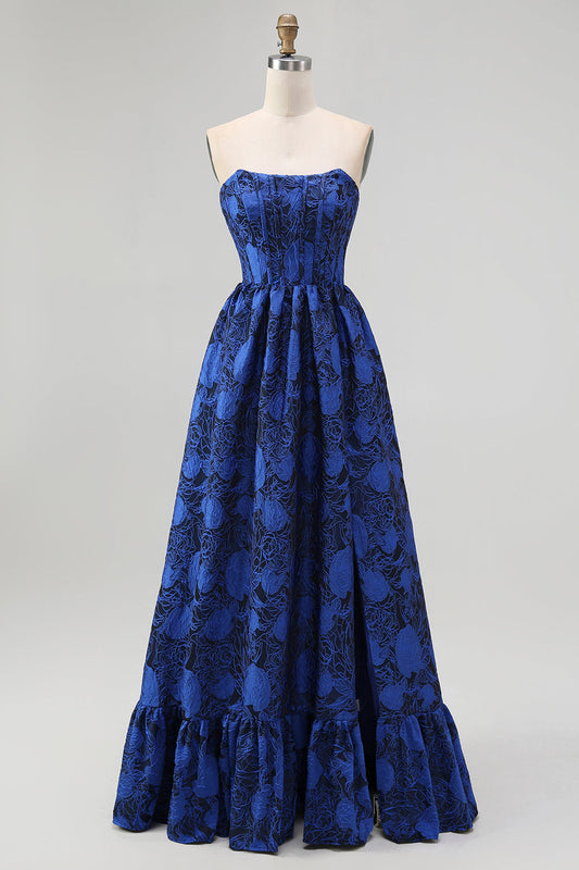 Robe longue bustier évasée en jacquard floral corset bleu foncé