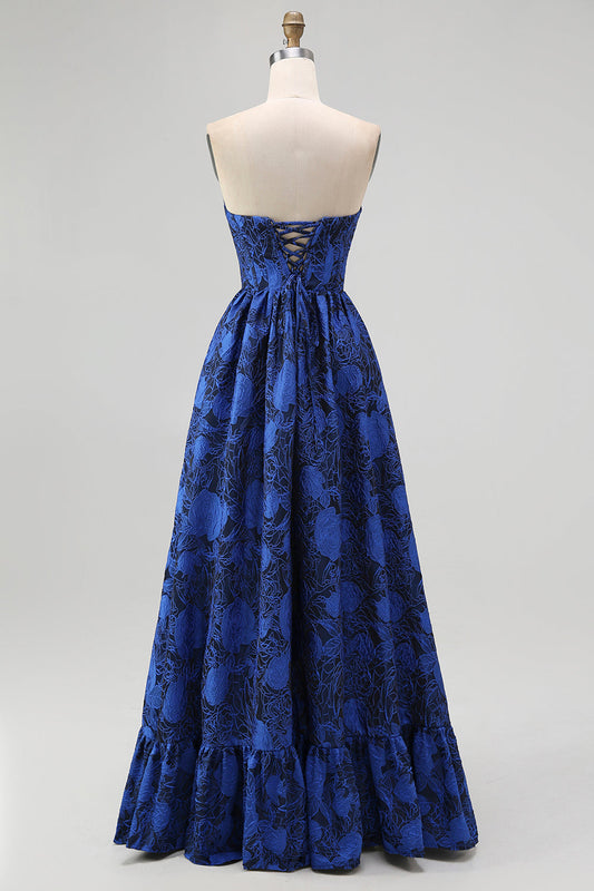 Robe longue bustier évasée en jacquard floral corset bleu foncé