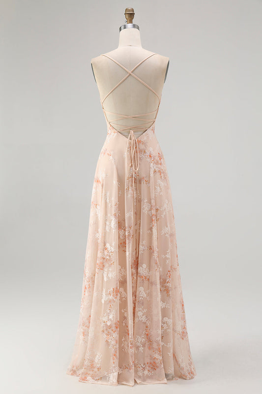 Robe longue de demoiselle d'honneur trapèze à col bénitier, avec motif floral brûlé, couleur champagne