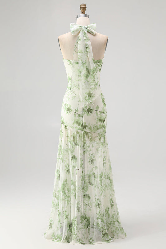 Robe longue de demoiselle d'honneur plissée trapèze à licou vert fleuri