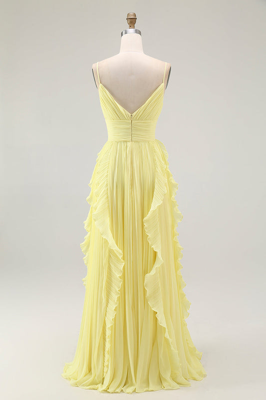 Robe de demoiselle d'honneur plissée en mousseline jaune, coupe trapèze, à fines bretelles, avec volants