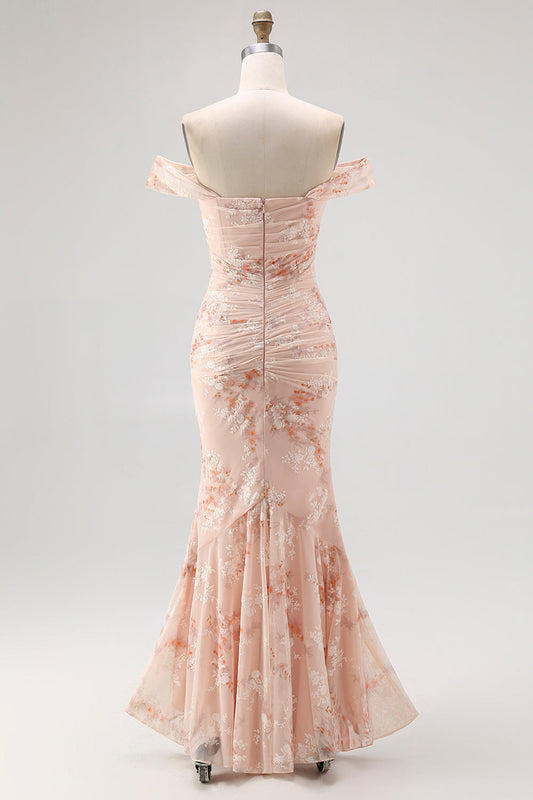 Robe de soirée sirène imprimée champagne, coupe bustier avec fronces, pour invitée de mariage