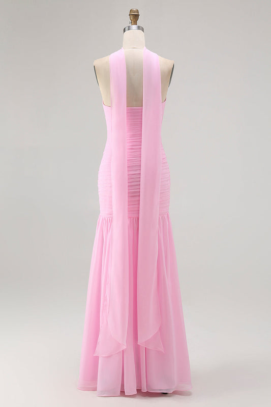 Robe de demoiselle d'honneur longue bandeau froncée Blush avec fente