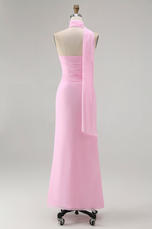 Robe longue de demoiselle d'honneur rose poudré avec streamer, fourreau, une épaule