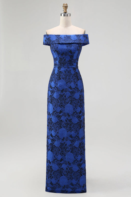 Robe de Demoiselle d'Honneur Fourreau Bleue Marine Fleurie Épaules Dénudées avec Fente