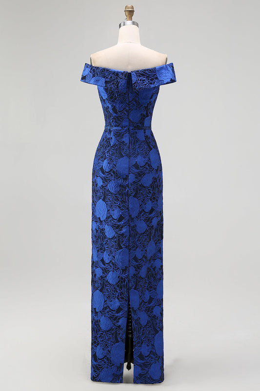 Robe de Demoiselle d'Honneur Fourreau Bleue Marine Fleurie Épaules Dénudées avec Fente