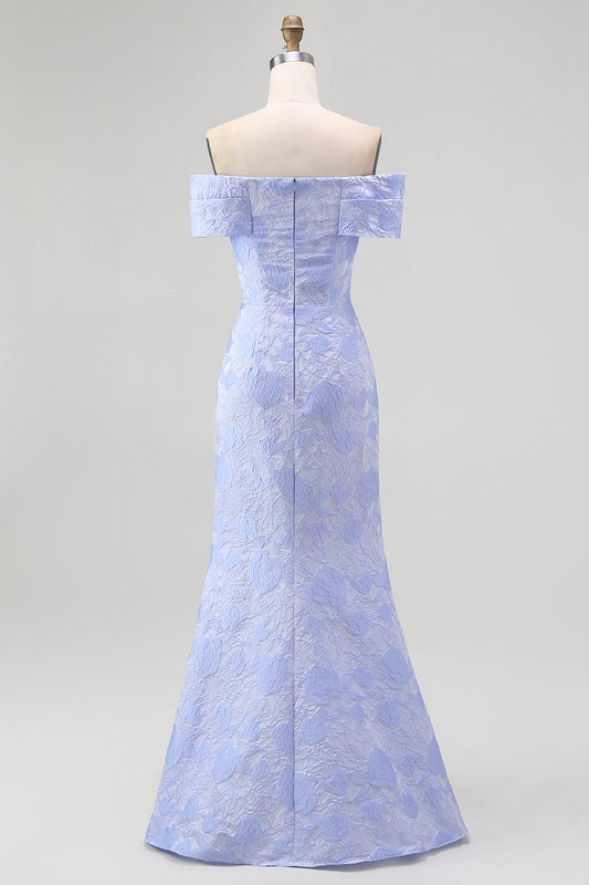 Floral Blue Mermaid Off the Shoulder Long Bridesmaid Dress