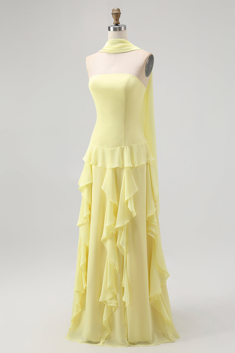 Robe longue de demoiselle d'honneur jaune sans bretelles à volants et traîne en ruban