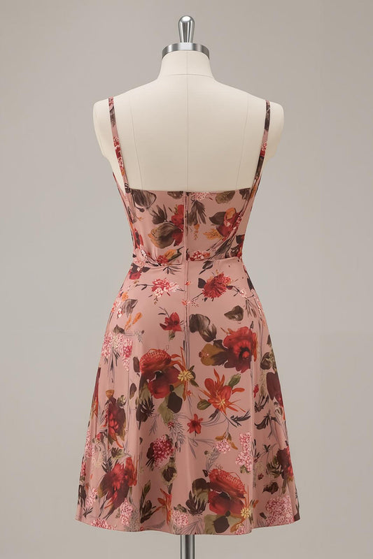 Robe de cocktail corset évasée rose poudré imprimée